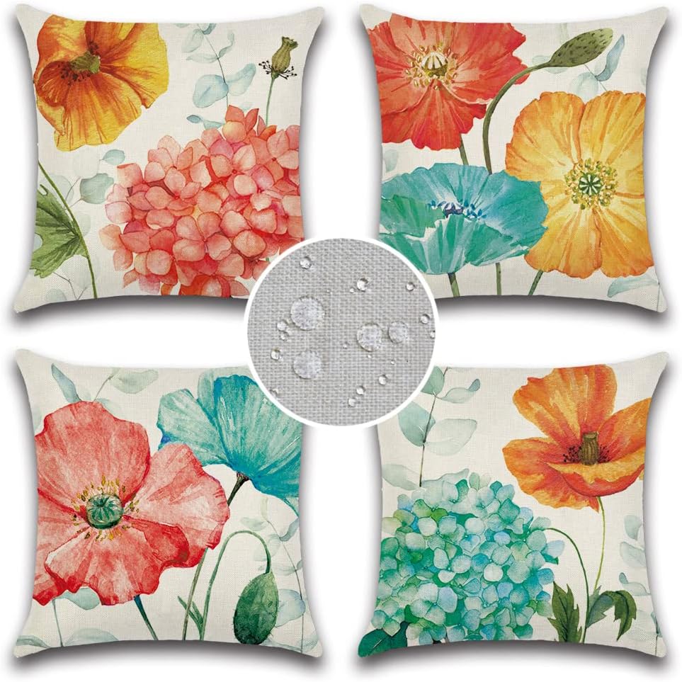 JOJOGOGO Summer Outdoor Pillow Covers 16x16 Waterproof Set of 4 Hydrangea and Lotus Floral Outdoor Throw Pillows Summer Decor for Garden Patio Furniture and Porch