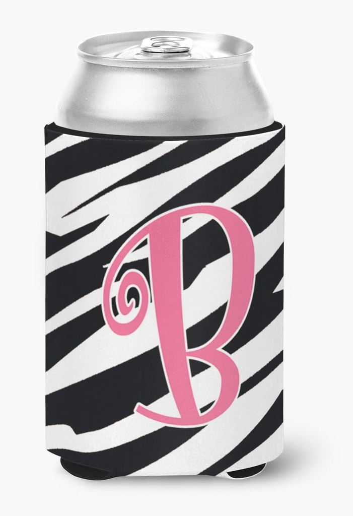 Caroline's Treasures CJ1037-BCC Letter B Initial Zebra Stripe and Pink Can or Bottle Hugger Cooler Washable Drink Sleeve Collapsible Beverage Insulated Holder, Can Hugger, Multicolor