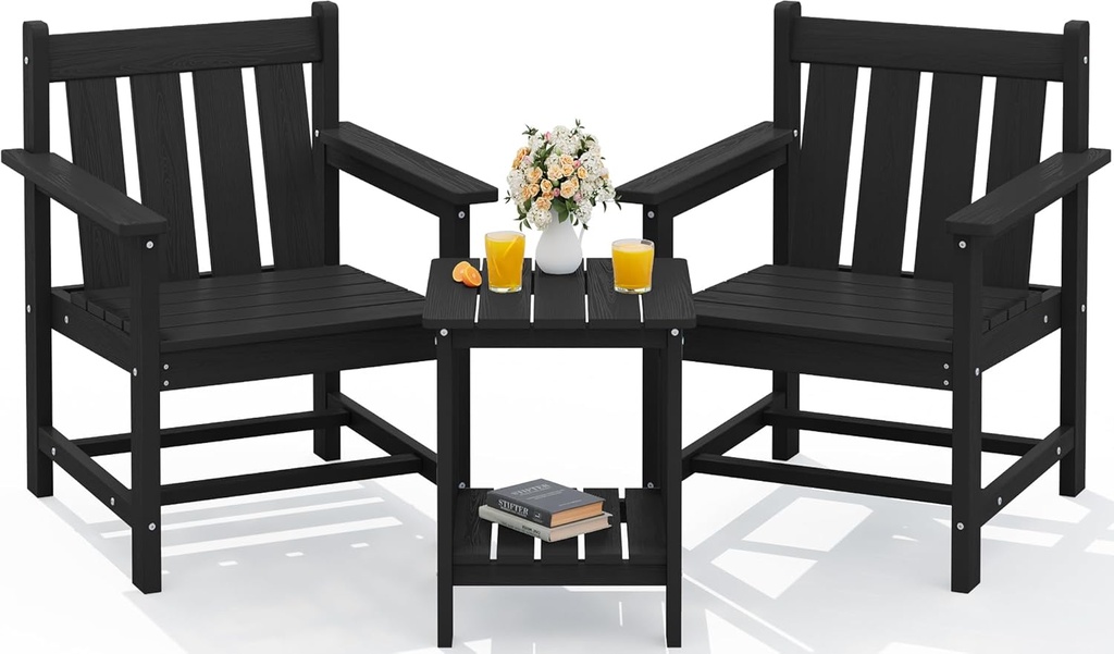 SERWALL 3 Pieces Patio Bistro Set, All Weather Adirondack Chair Set with Side Table, HDPE Material Outdoor Patio Furniture Set for Balcony, Porch, Garden, Backyard- Black