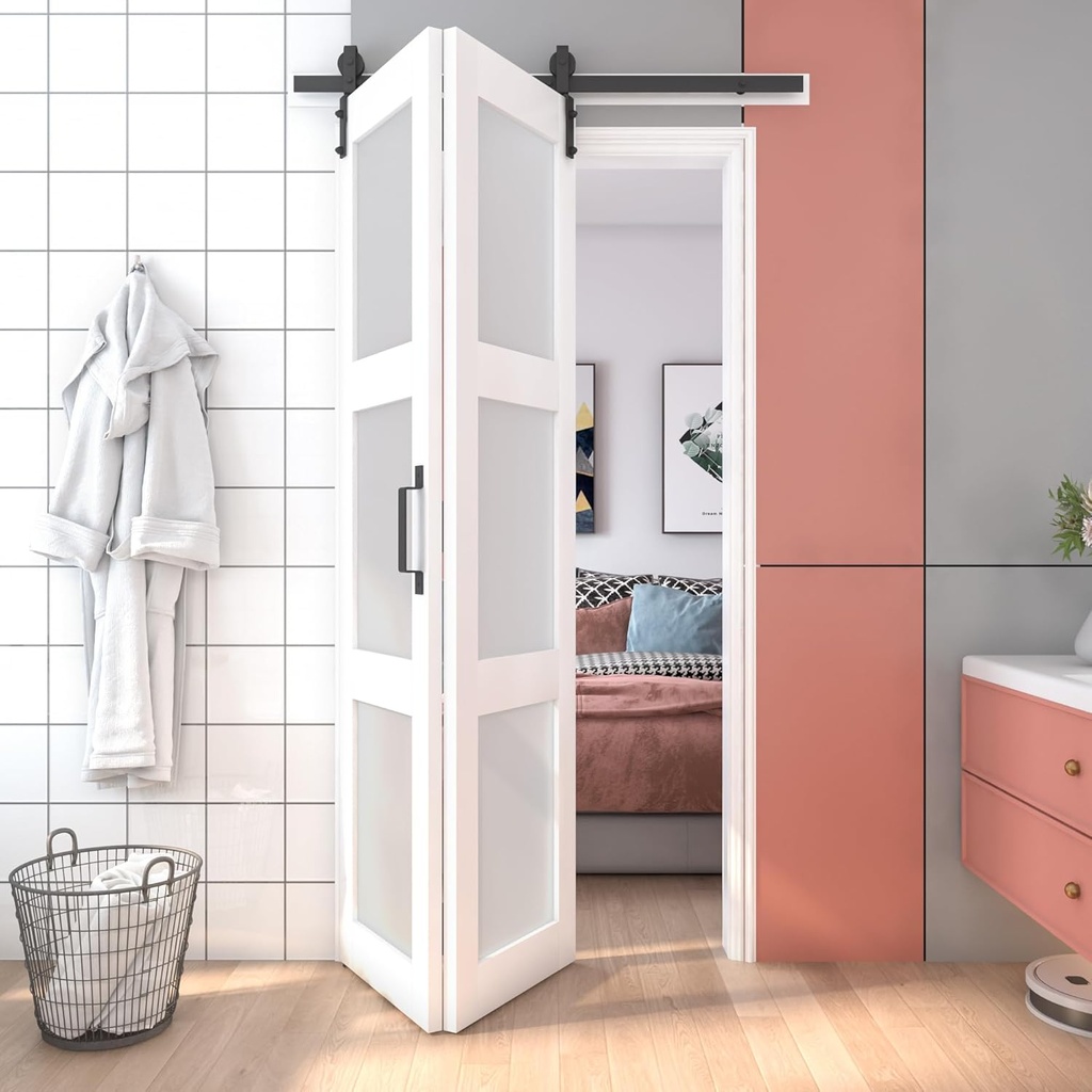 24" x 84" Bifold Barn Door, Tempered Frosted 3-Lite Glass Folding Barn Door, Solid MDF Doors Slab Covered with Water-Proof PVC Surface, White-Painted and Hardware Kit Included