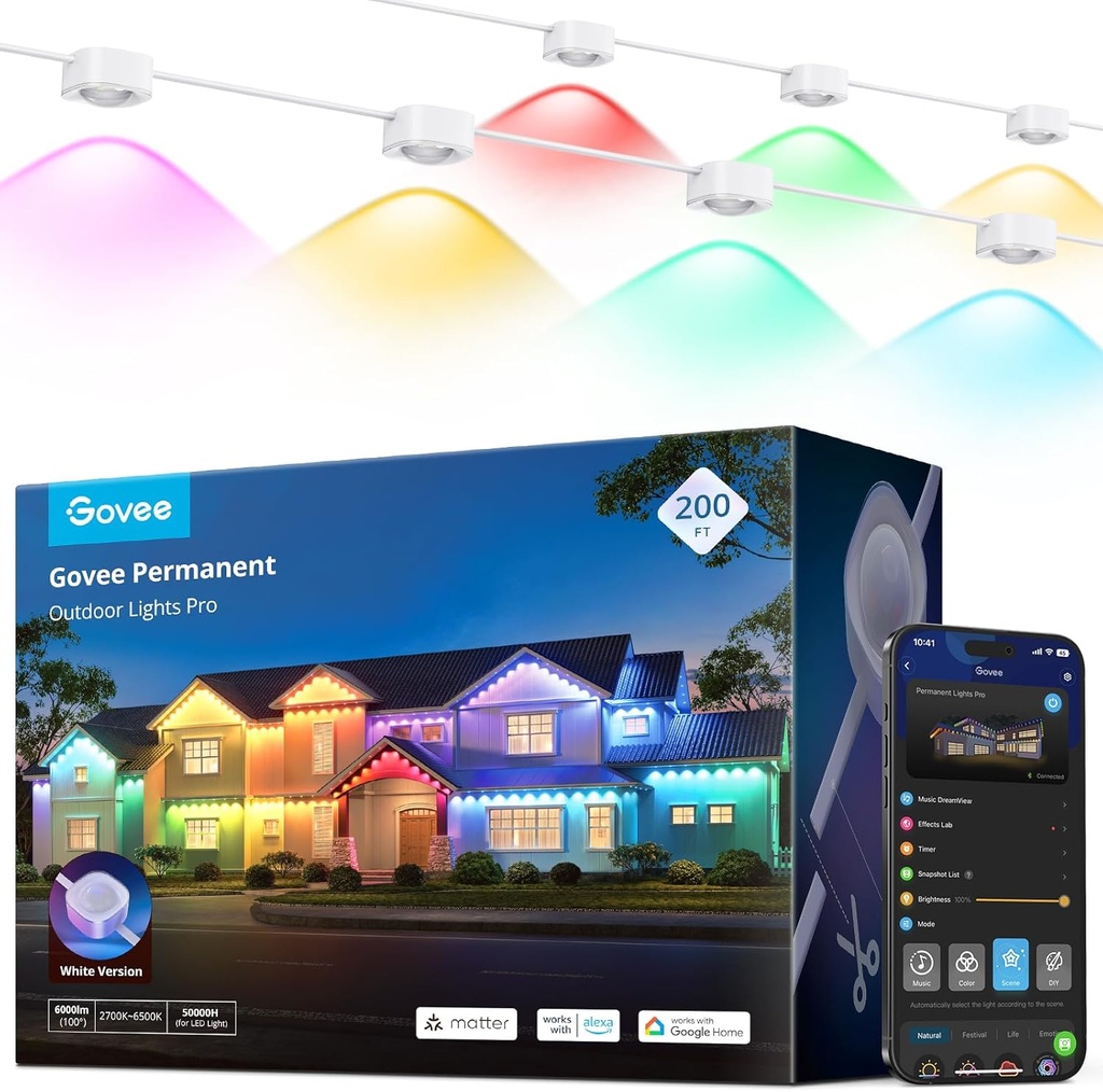 Govee Permanent Outdoor Lights Pro, 200ft with 120 RGBIC LED Lights for Daily and Accent Lighting, 75 Scene Modes for Outdoor Decor, IP67 Waterproof, Works with Alexa, Google Assistant, Matter, White