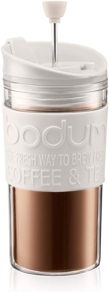 Bodum Travel Press Coffee Maker, Flip Top Lid, Double Wall, Plastic, 0.35 l, 12 oz, Off White