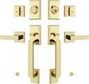 Double Front Door Lock Set, Keyed Entry Front Door Handleset with Dummy, Square Heavy Duty Door Lever and Single Cylinder Deadbolt Combo, Polished Brass