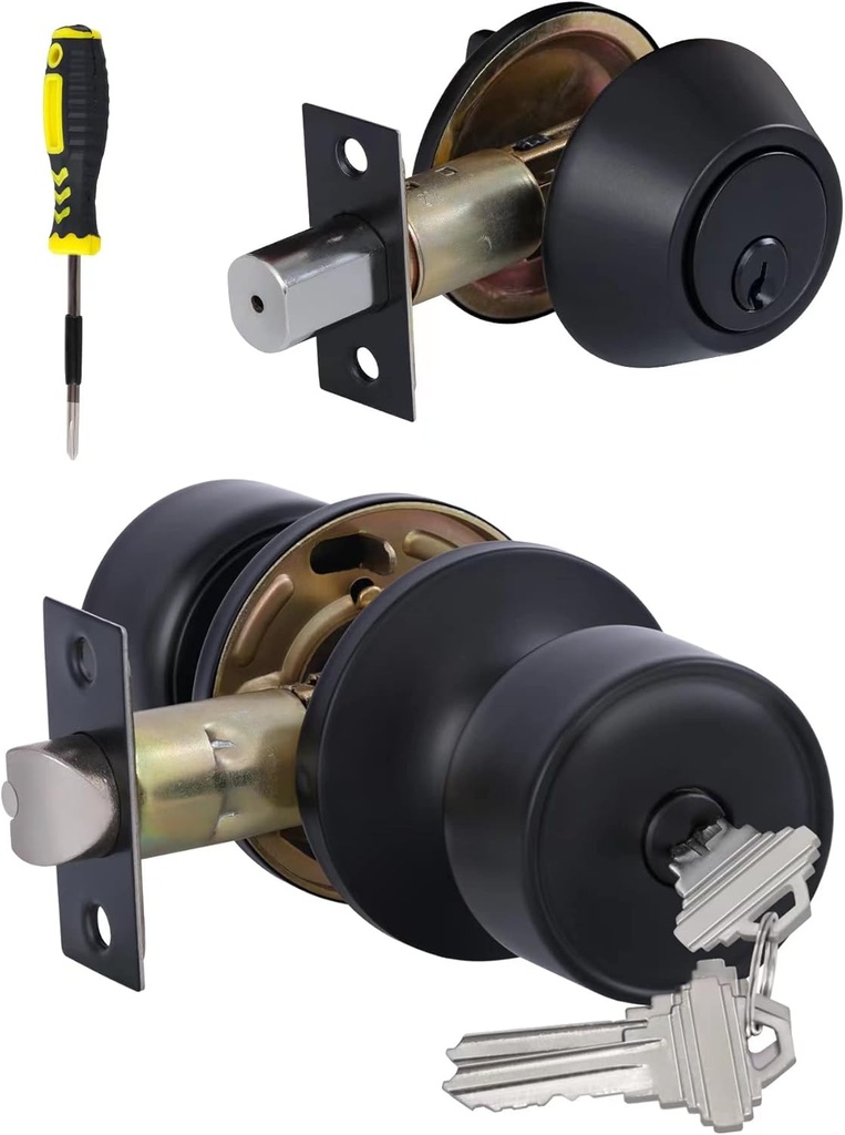 Lanwandeng Keyed Alike Entry Door Knobs and Single Cylinder Deadbolt Lock Combo Set Security for Entrance and Front Door, All Keyed Same Door Lock with Classic Matte Black Finish