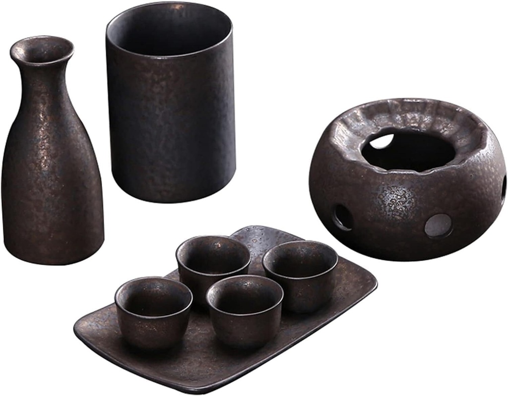 Ceramic Sake Set with Warmer, Pot, Tray & 4 Cups – Traditional Japanese Hot Sake Set, Brown(Brown)