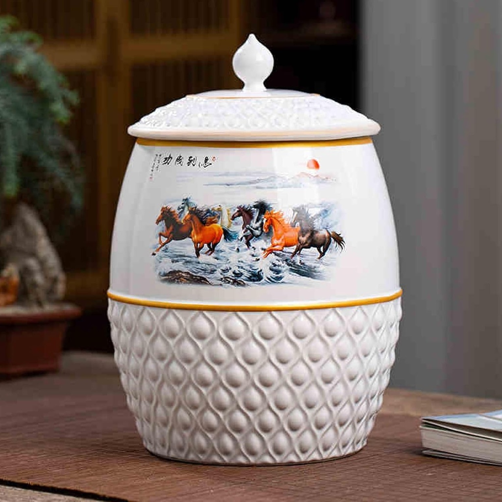 Chinese Design Ceramic Rice Bucket, Ceramic Rice Jar with Lid, Ceramic Rice Storage Container, Classic Food Dispensers Kitchen Sealed Jar, for Rice, Flour, Cereal, Sugar(White D)