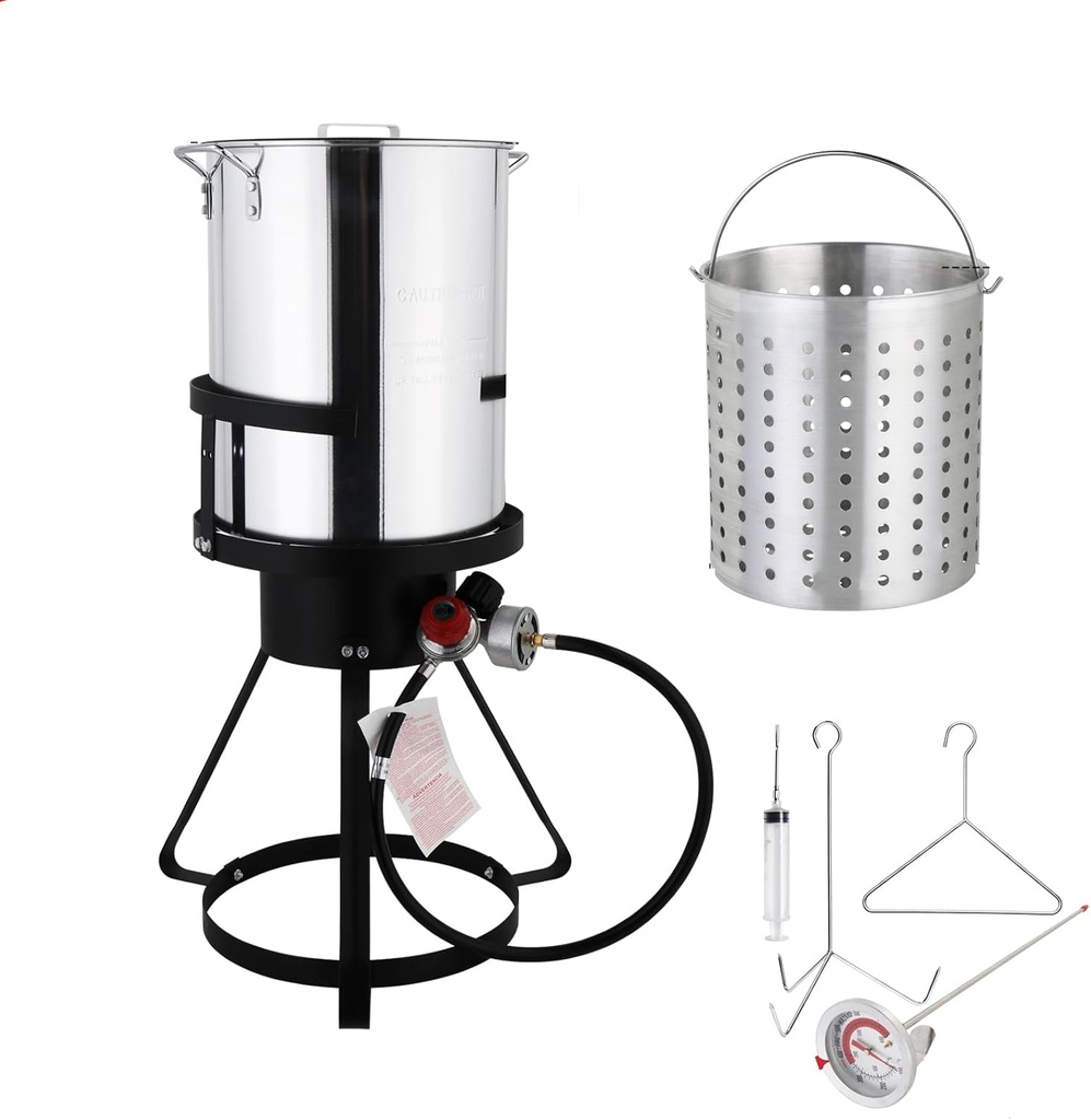 30QT Turkey Deep Fryer with Basket & Stand, Stainless Steel Seafood Boil Pot Crawfish Boiler w/ 55000BTU Propane Burner, Thermometer, Lifting Hook & Support Rack, for Outdoor Cooking