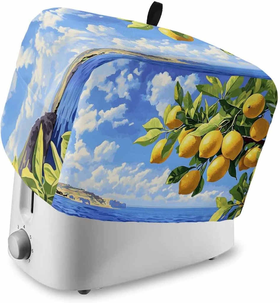 Yellow Lemon Toaster Cover 2 Slice, Summer Blue Sky Ocean Coastal Scenery Dustproof Bread Machine Oven Cover with Storage Pockets, Fits Most Kitchen Toasters Protector