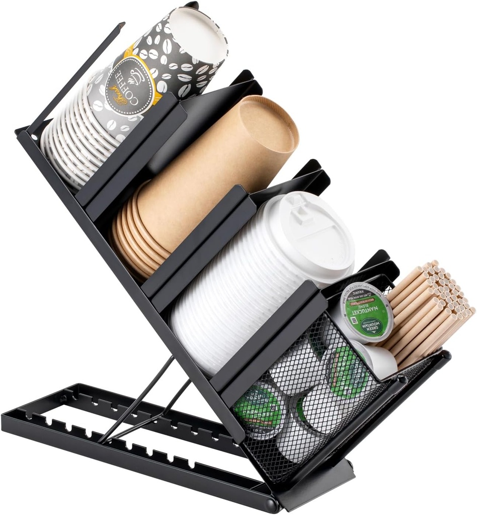 Rice rat Coffee Cup Holder Organizer 4 Compartment Disposable Cup Dispenser, Cup and Lid Holder with Mesh Basket for Countertop Coffee Station Bar, Black