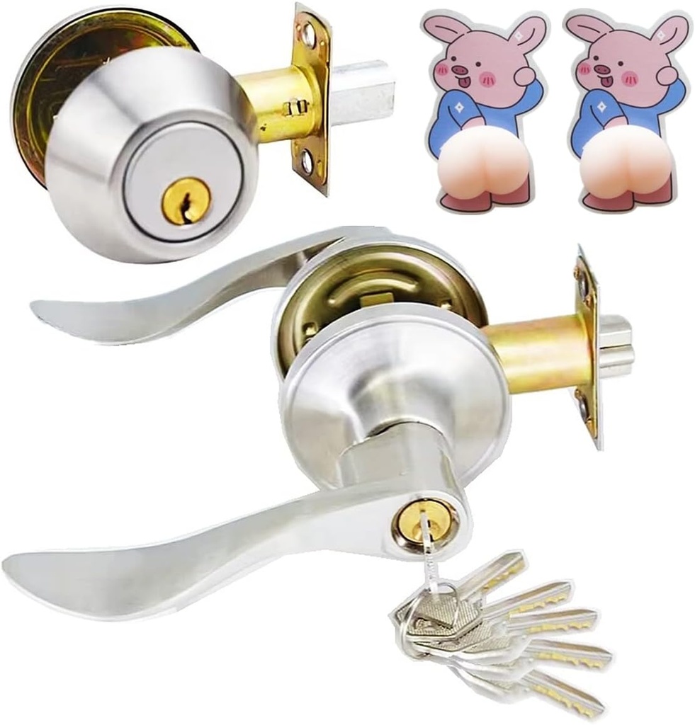 Keyed Exterior Door Lever Lockset with Single Cylinder Deadbolt Set and Piglet Handle Anti-Collision, Door Knob with Lock and Deadbolt, 6 Keys Satin Nickel(1 Pack Keyed Levers&Deadbolt)