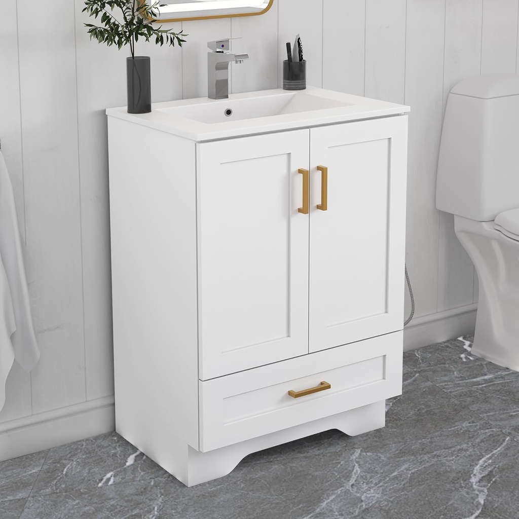 24" Bathroom Vanity with Ceramic Undermount Sink - Freestanding 2-Door & 1-Drawer Storage Cabinet, White