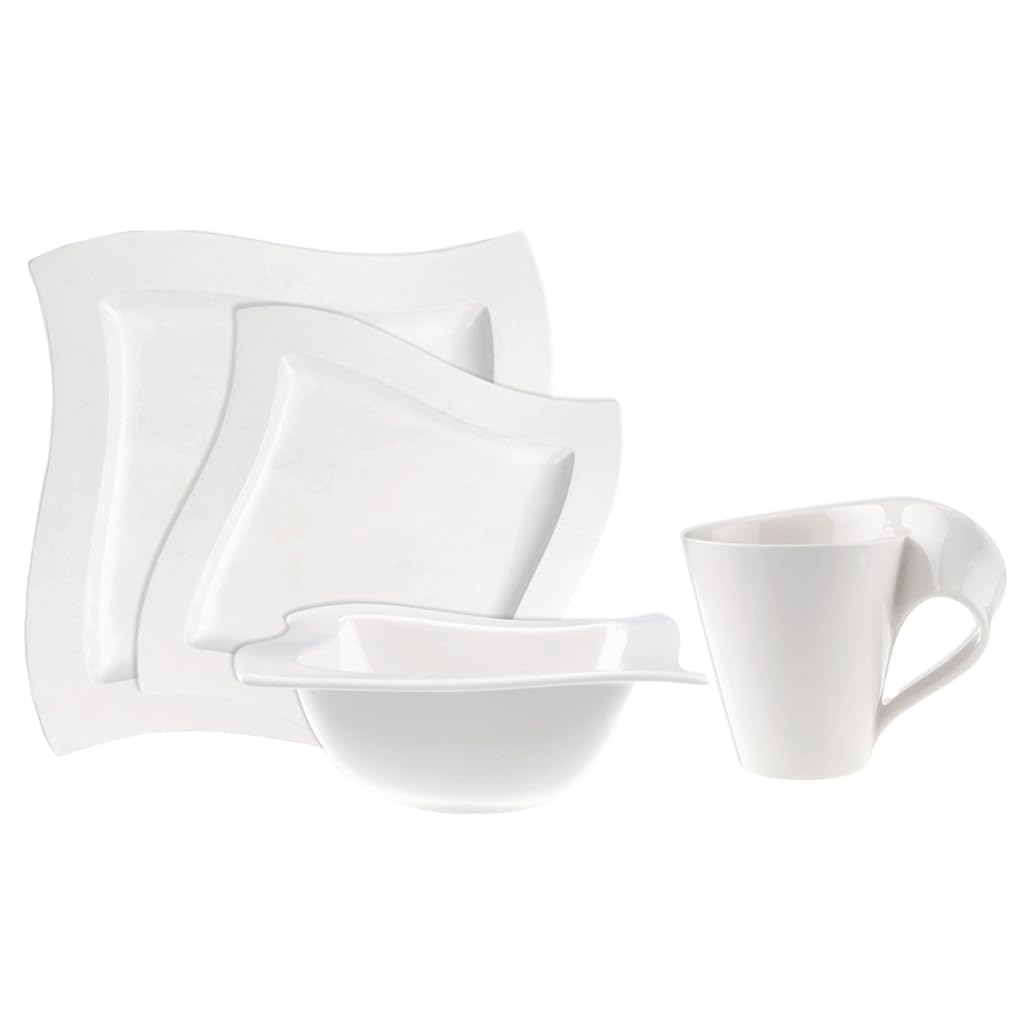 Villeroy & Boch New Wave 4-Piece Place Setting Dinner, Salad Plate, Bowl, and Mug – Premium Porcelain Dinnerware, White