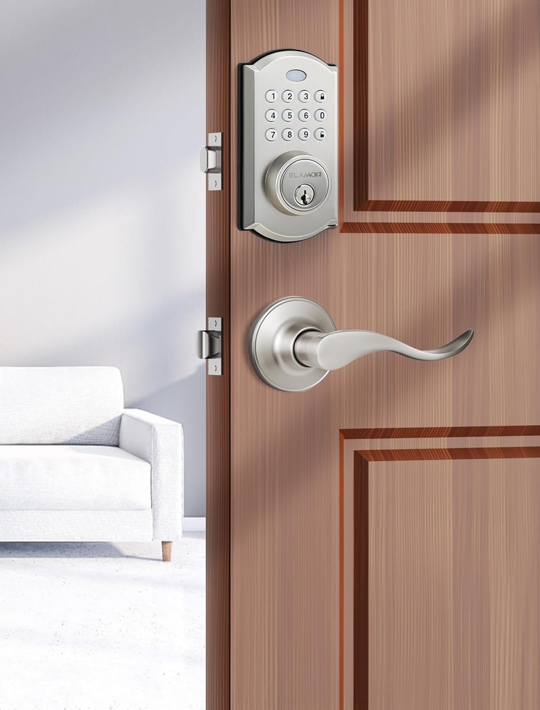 ELAMOR M19 Keyless Entry Door Lock with 2 Lever Handles, Auto Lock, 50 User Codes, Easy-to-Install Smart Door Lock for Front Door, Waterproof Security Handle Set, Home/Hotel Use, Sand Nickel
