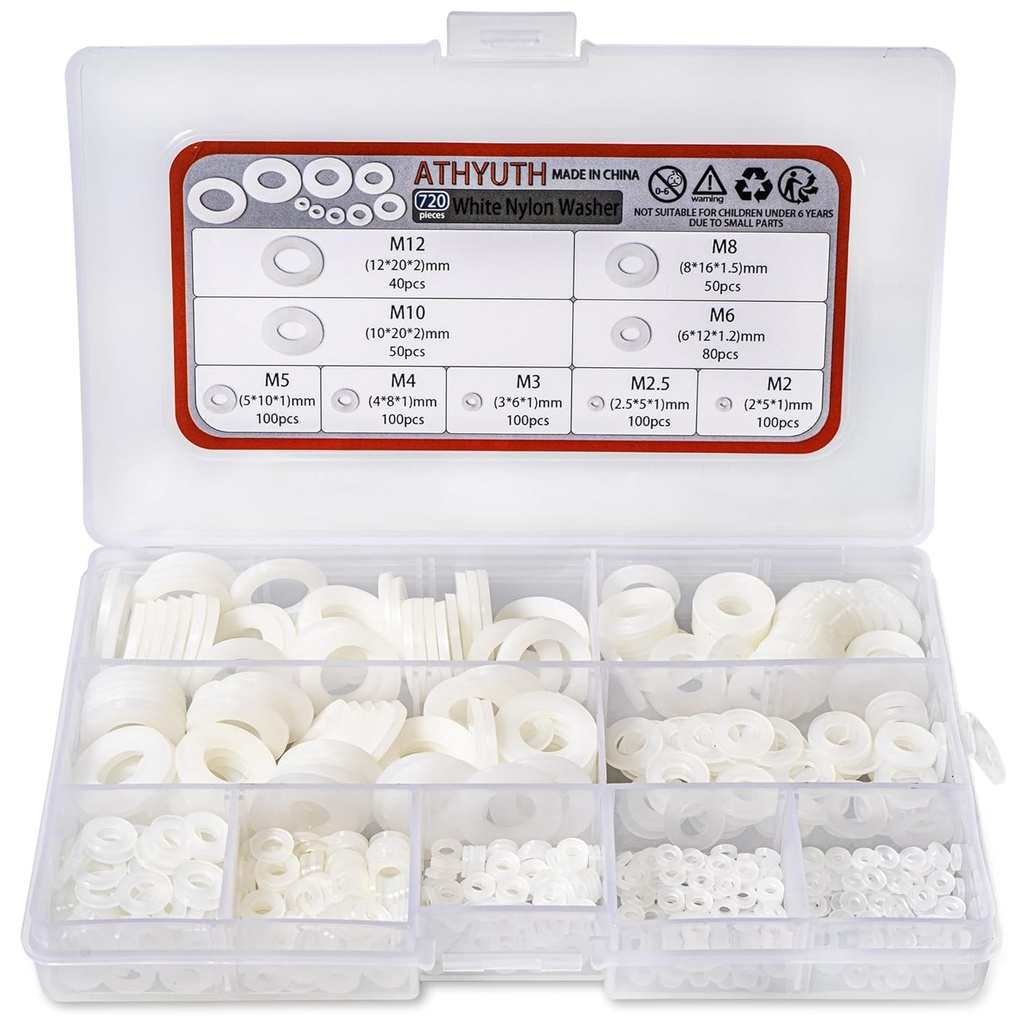 Nylon Flat Washers Assortment Kit for Mechanical and Electrical Use, 9 Sizes White Plastic Washers for M2 M2.5 M3 M4 M5 M6 M8 M10 M12 Screw and Bolt, 720 Pcs Nylon PA66 Insulating Washers