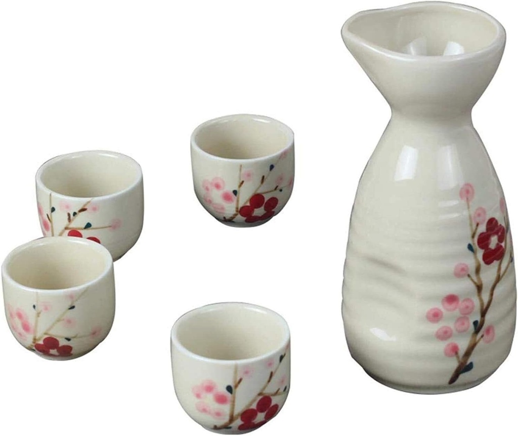 Sake Set Japanese Sake Set, Hand Painting Plum Flower Sake Set, Wavy Striped Bottle Body Design, Drinkware Gift Set, Suitable for 4 People