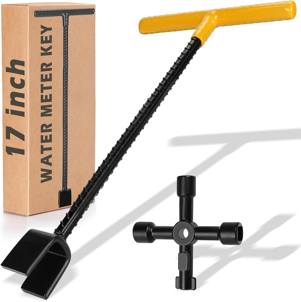 17 Inch Water Meter Key With 4 Way Multi-Functional Utilities Key, Enforced Rebar Water Shut Off Tool Wrench T-handle for Curb Main and Water Meters, Underground Stop or Waste Valves