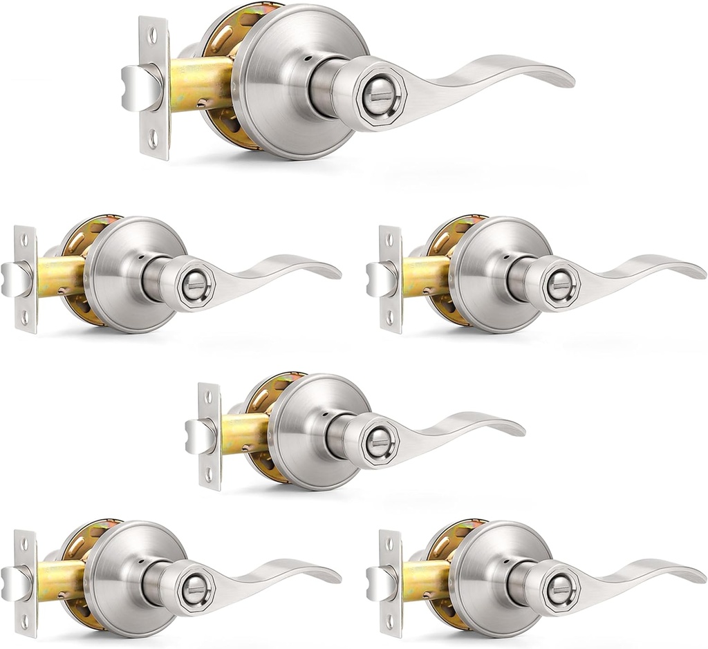 Probrico Privacy Door Levers Interior Door Handles Levers, Wave Style Bed Bath Door Handles Lock Keyless, Satin Nickel Door Lever Lockset 6 Pack