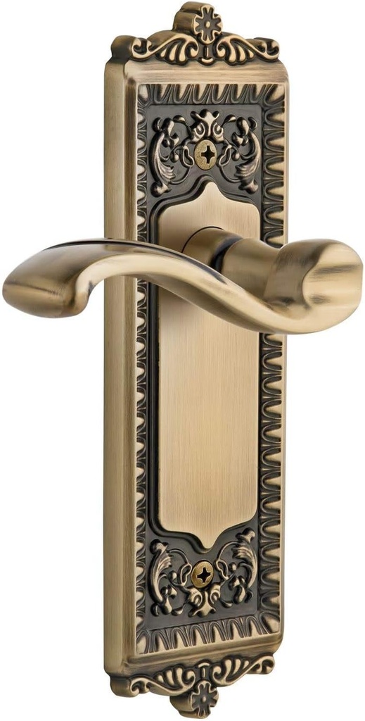 Grandeur WINPRT_PSG_234 Windsor Solid Brass Rose Right Handed Passage Door Lever Set with Portofino Lever and 2-3/4" Backset - Vintage Brass