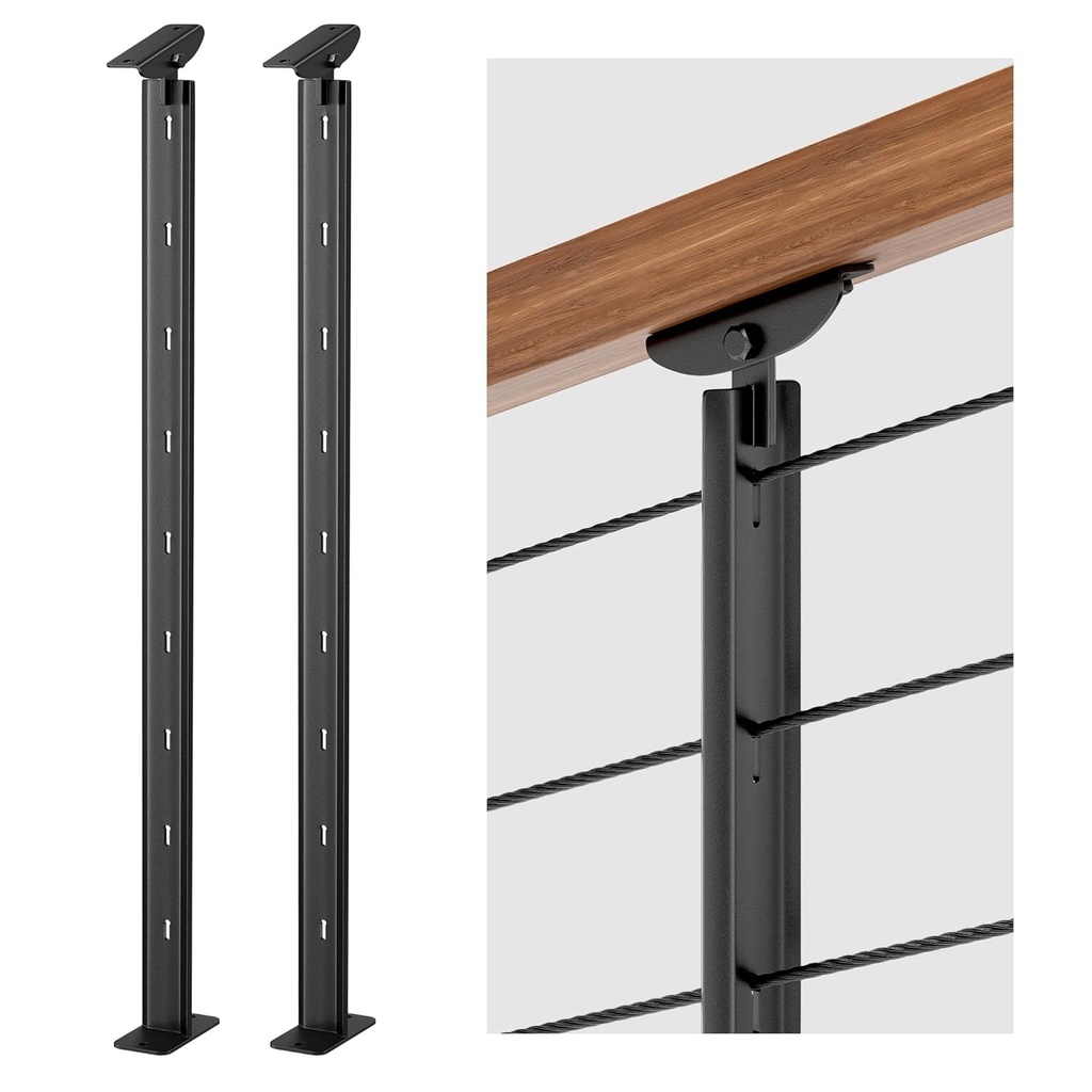 2Pack 36inch Cable Railing Post Stainless Steel Adjustable Angle Intermediate Post for 1/8" Deck Cable Railing, Black