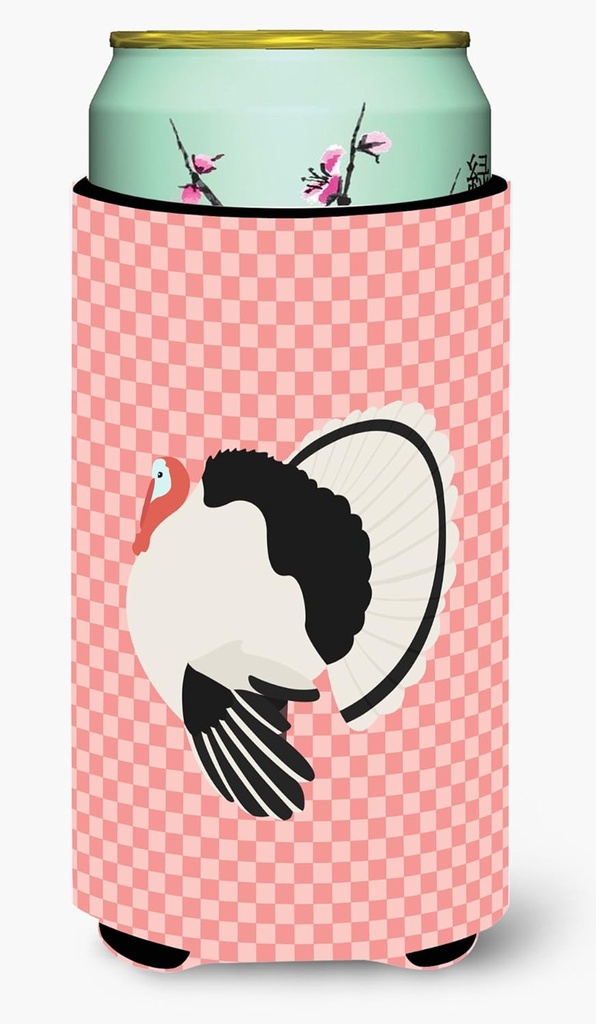 Caroline's Treasures BB7988TBC Royal Palm Turkey Pink Check Tall Boy Hugger Can Cooler Sleeve Hugger Machine Washable Drink Sleeve Hugger Collapsible Insulator Beverage Insulated Holder