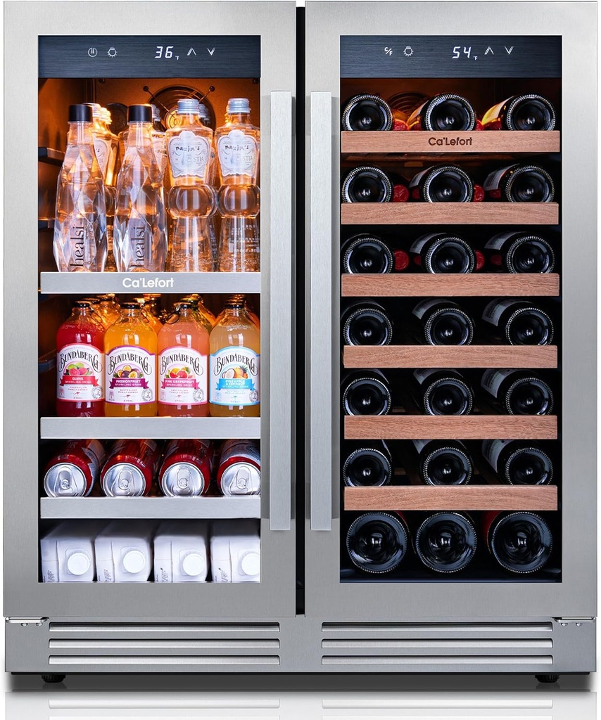 Ca'Lefort 30 Inch Wine and Beverage Refrigerator, 80 Can and 33 Bottle French Door Wine Refrigerator 36-72°F, 3 LED Wine Fridges with Glass Door, Built-in or Freestanding for Home/Kitchen (6.00 cu.ft)