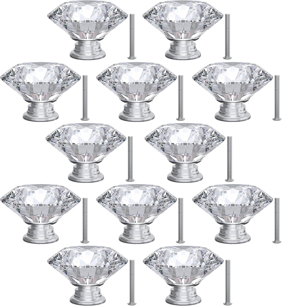 Tomorotec 12-Pack 40mm Crystal Clear Glass Silver Base Cabinet Drawer Pulls, Diamond Shape Cupboard Knobs with Screws for Kitchen, Dresser, Cupboard, Bathroom, Wardrobe (1.6 inch/40mm)