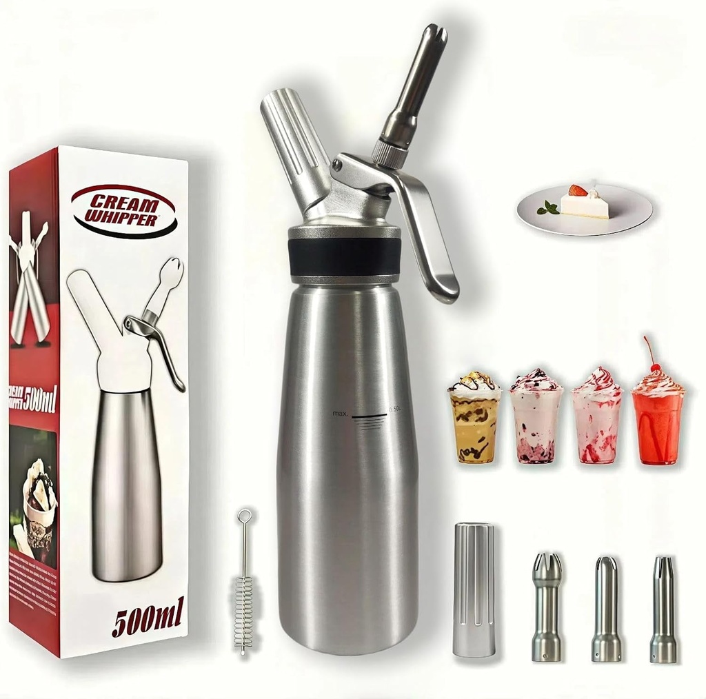 Professional Whipped Cream Dispenser, Cream Whipper Canister, Leak Free Whip Cream Maker Canister with3 Stainless-Steel Decorating Nozzles & Cleaning Brush, 500ml