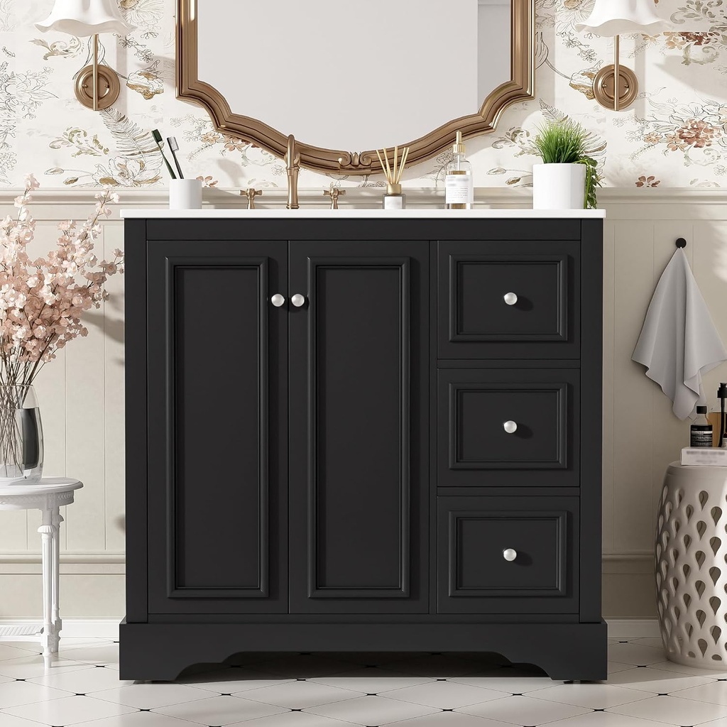 36'' Transitional Bathroom Vanity with Ceramic Sink – Features 2 Soft-close Doors, an Adjustable U-shaped Shelf, 3 Drawers (including one with divider), Painted Finish, and Ample Storage Space, Black
