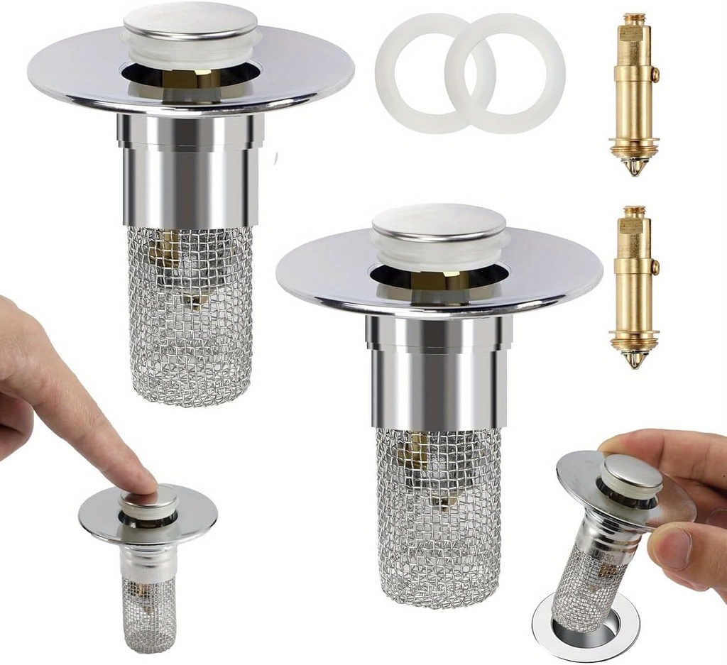 Bathroom Sink Stopper Hair Catcher - Drain Catches & Strainers with Removable Stainless Steel Filter Basket, Pop-Up Design, Easy Cleaning, and US Drain Compatibility. (2pcs)