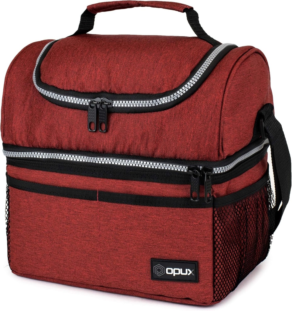 OPUX Lunch Box For Men Women, Insulated Large Lunch Bag Adult Work, Double Decker Lunchbox Meal Prep, Dual Compartment Leakproof Lunch Cooler, Soft Lunch Pail Tote Boys Girls Kids School, Red 16 Cans