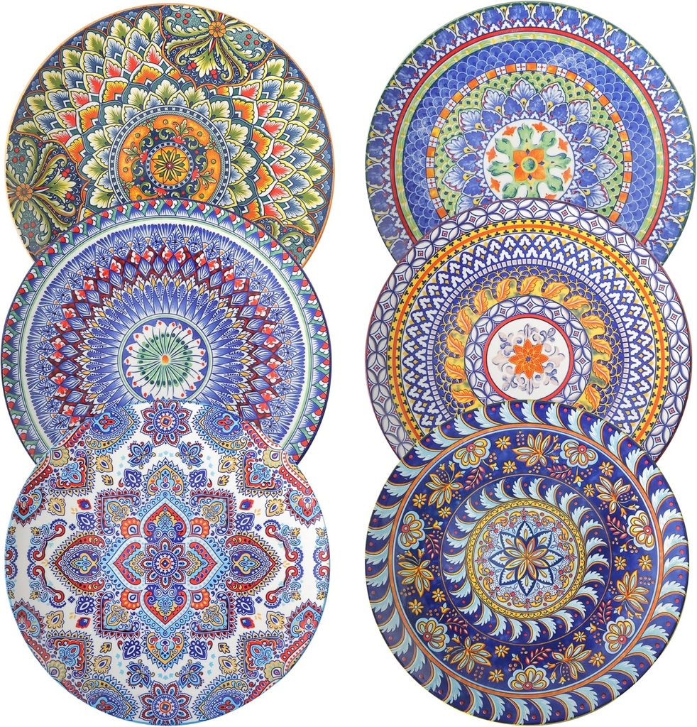 Dinner Plates Set of 6, 10.5 inch Large Bohemian Porcelain Kitchen Plates, Large Ceramic Dinnerware Plates Boho Dishes Platter for Kitchen & Party, Microwave/Oven/Dishwasher Safe