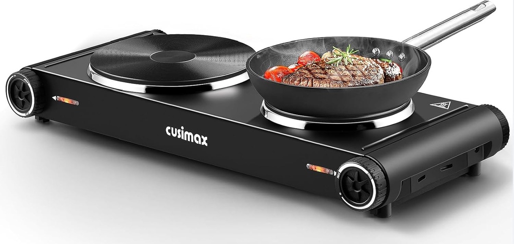 Cusimax Hot Plate,1800W Electric Stove Countertop Double Cast Iron Burner with Adjustable Temperature,7.4”+6.1” Portable Hot Plates for Cooking,Compatible for All Cookwares