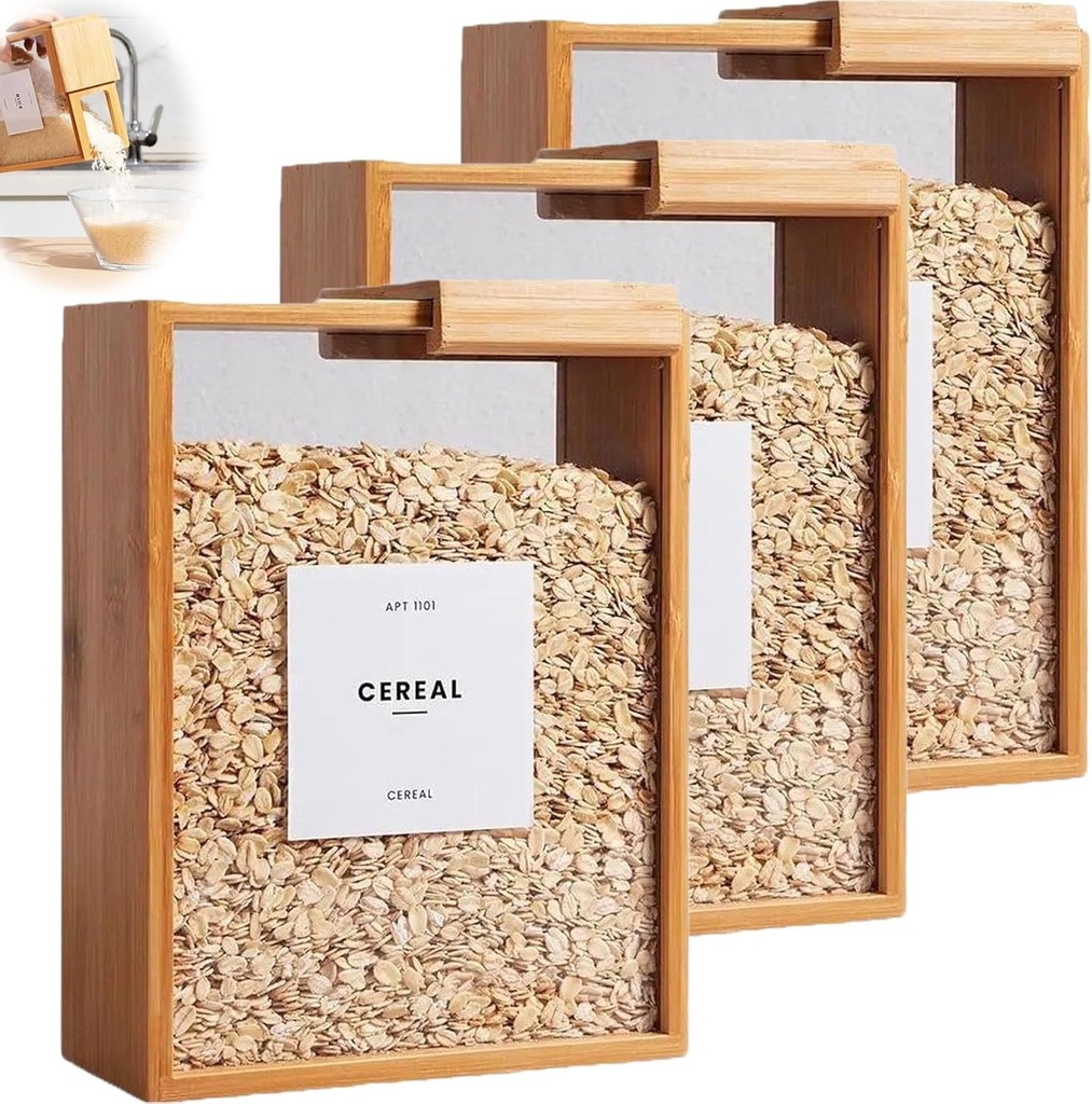Wooden Cereal Storage Box, Clear Food Storage Box with Lid, Dry Food Dispenser Large Capacity 101oz for Kitchen Organization Cereal, Sugar, Nut, Coffee Bean, Tea, Pasta, Flour, Nuts, Oat, (3pcs)