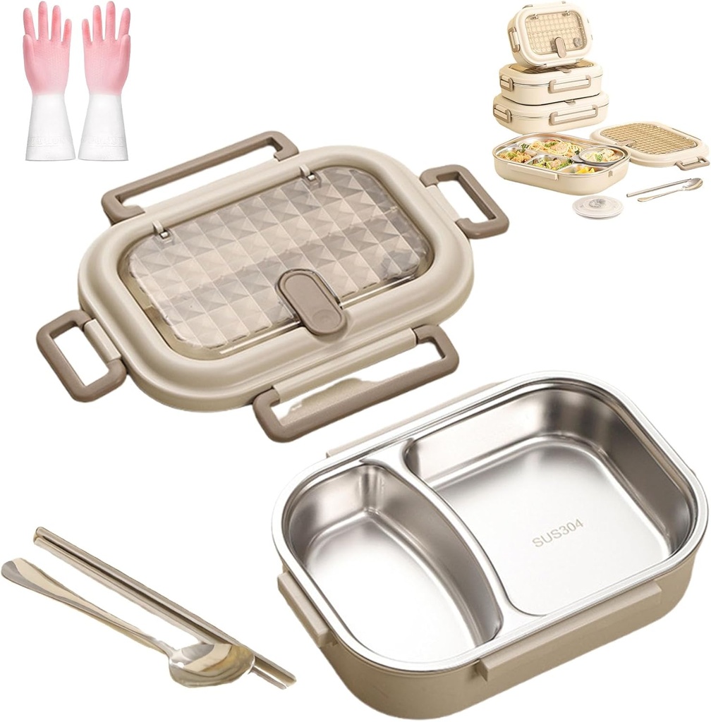 Microwavable Stainless Steel Insulated Bento Box,Large capacity partition,Lunch Boxes with 3/4/5 Compartments With Soup Bowl,Spoon,Chopsticks (M(1000ml-2partitions))