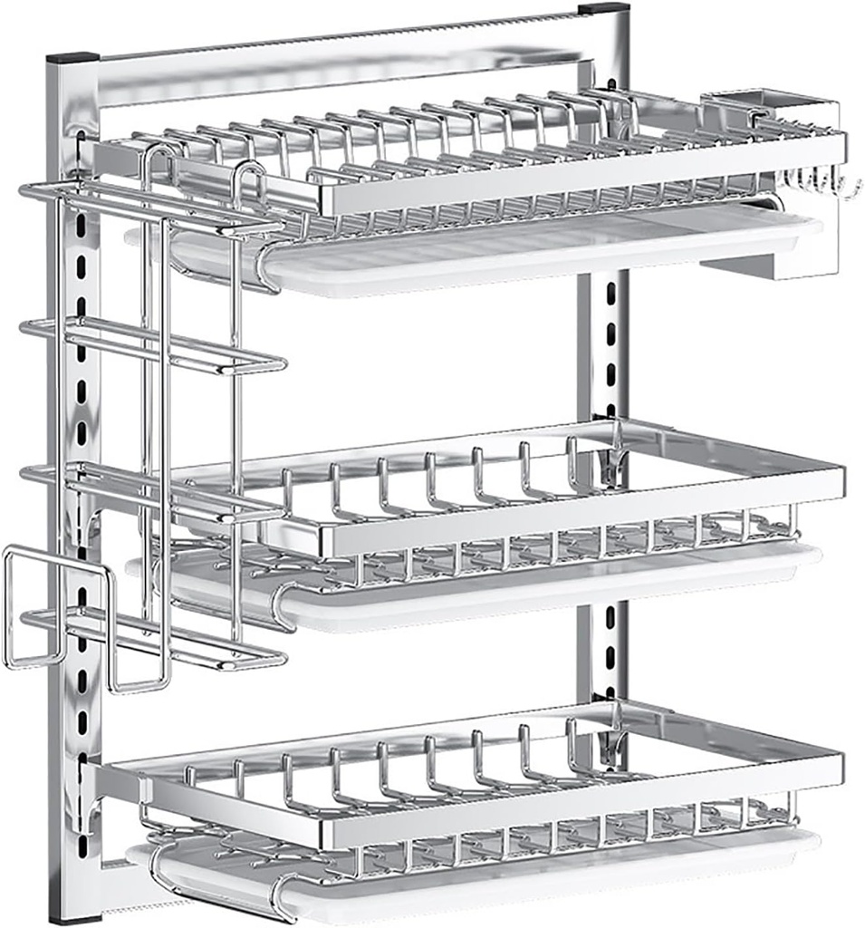 Wall Mounted Stainless Steel Dish Drying Rack,3 Tier Dish Rack for Kitchen Counter Organizer,Drying Rack with Drainboard,Fruit Vegetable Storage Basket,Kitchen Supplies