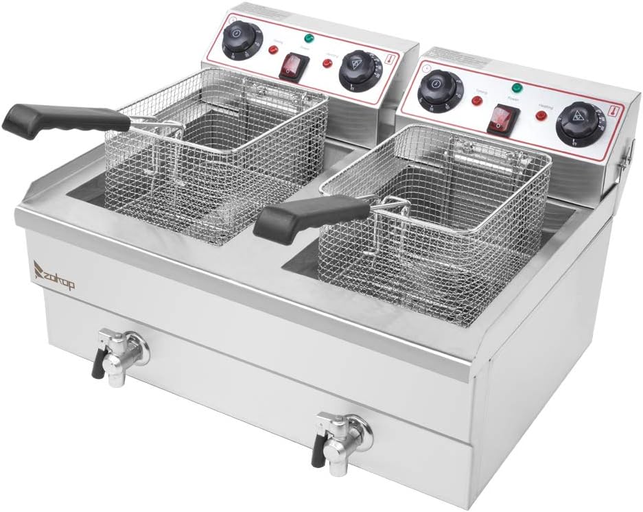 EH102V 24.9QT Commercial Stainless Steel Double Tank Deep Fryer 3400W with Timer & Faucet - Heavy Duty for Restaurants, Home Use (2x8L Basket, Oil Drain System)