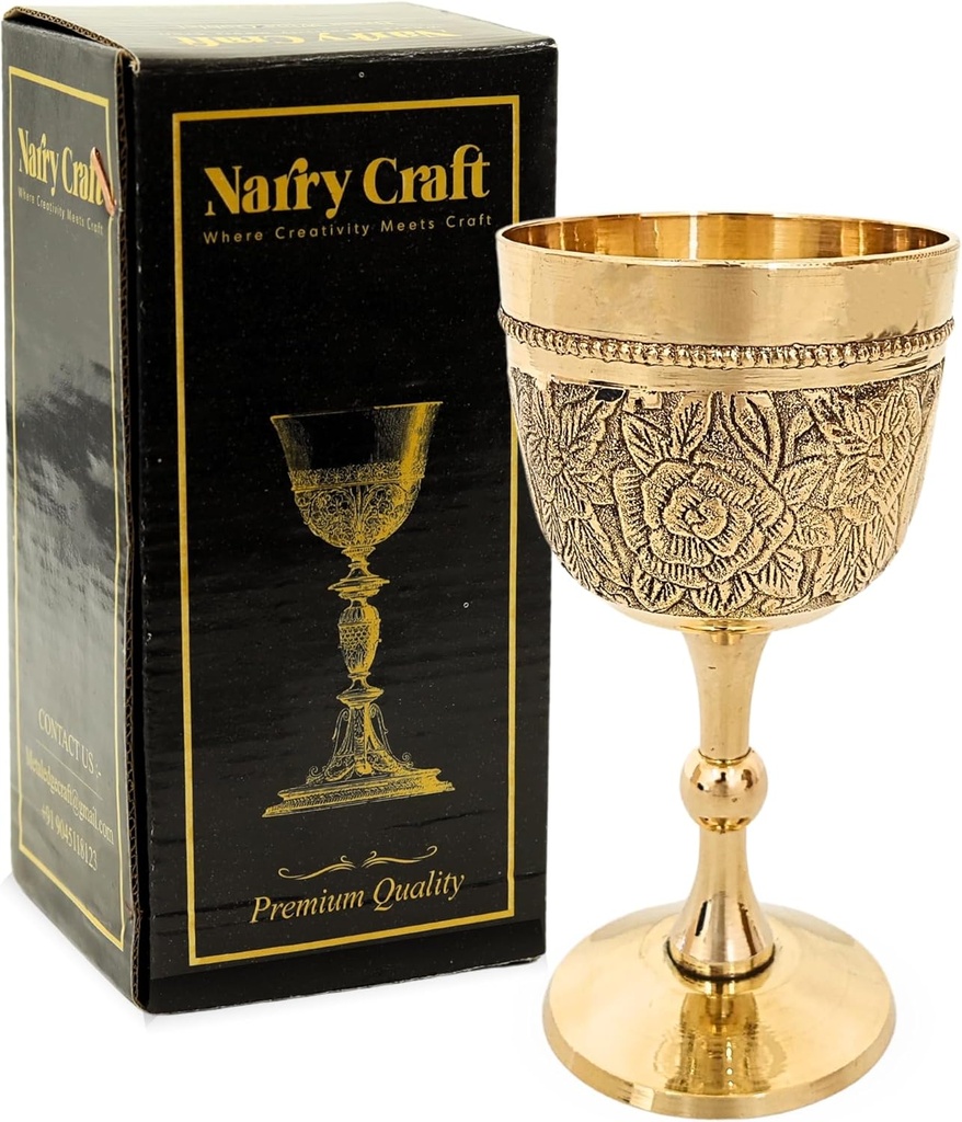 Solid Brass Vintage Chalic Goblet Medieval Handmade Decorative Wine Glass Communion Cup with Royal Embossed Design 7 Oz (Without Box, Gold)