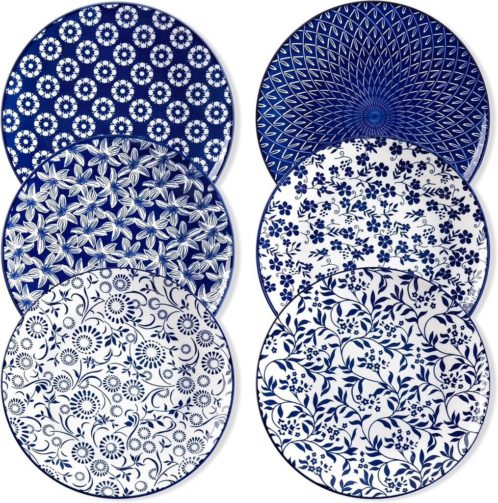 vancasso Ceramic Dinner Plates Set of 6, Large Vintage Plates 10.25 Inch Set of 6 for Kitchen, Porcelain Blue and White Plates for Kitchen, Microwave Oven Dishwasher Safe, Vintage Gift, Blue