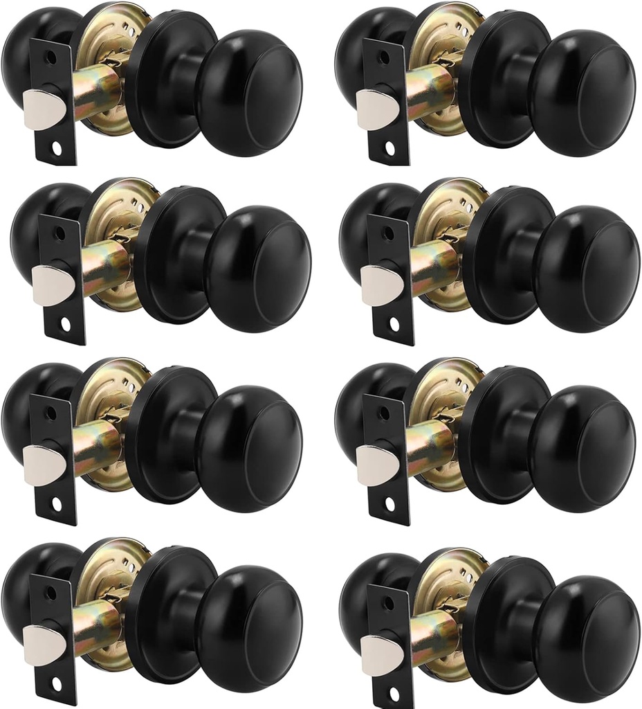 Probrico (8 Pack Round Passage Door Knob (Non-Locking Knobs), Keyless Doorknobs Interior/Exterior Door Lockset, Passage Knobs for Hallway/Closet, Black Finish Modern Design Door Hardware