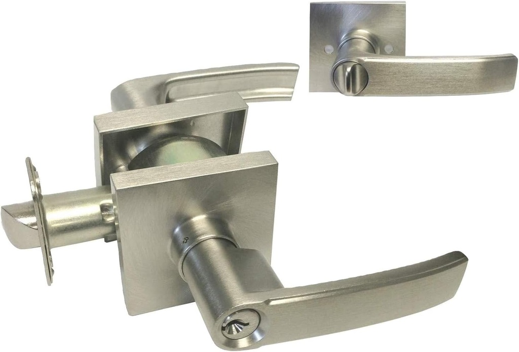 eBuilderDirect 5 Pack Satin Nickel Square Plate Entry Entrance Lock Door Lever Handle Knob keyed Alike 8048DC