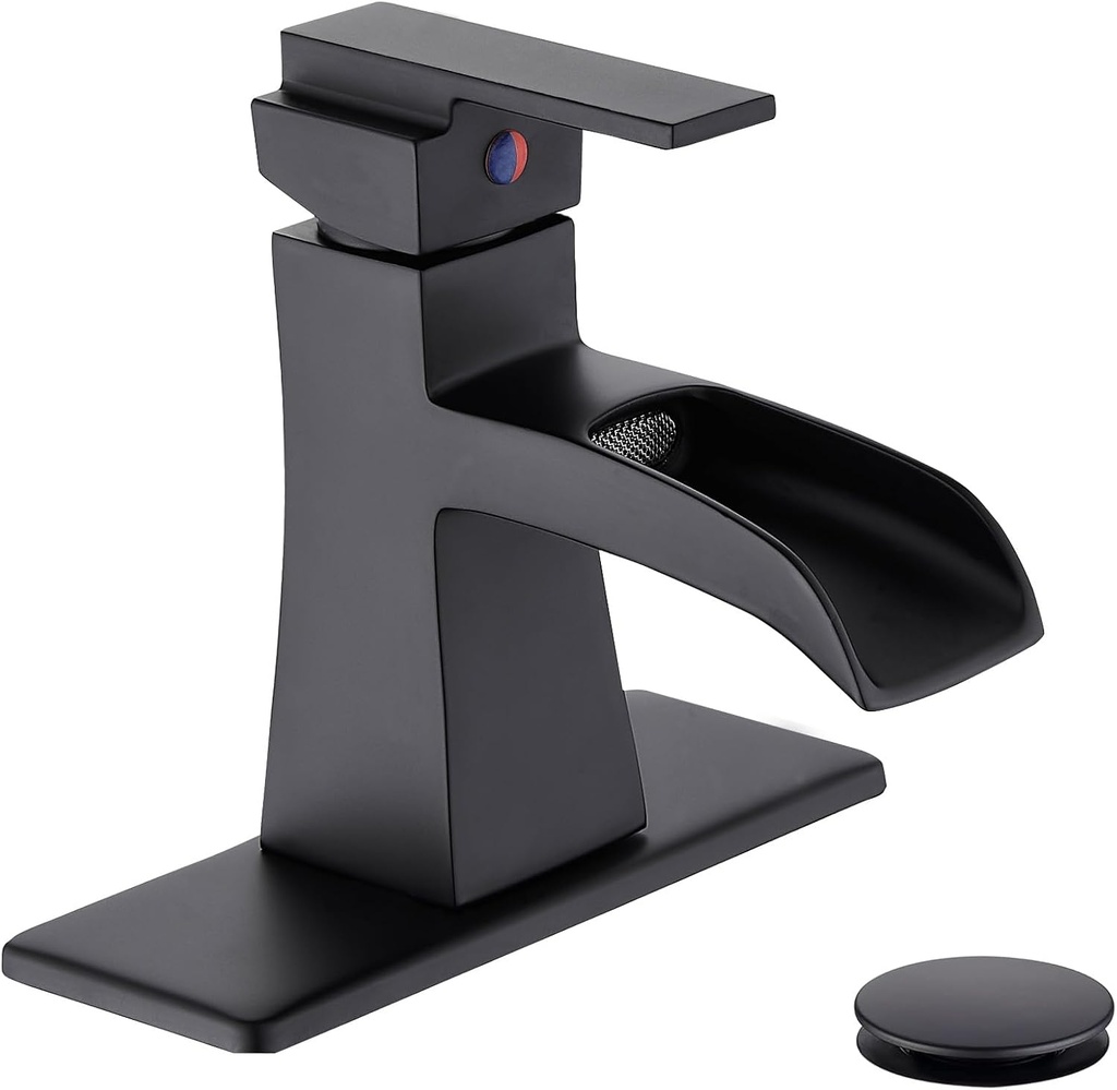 Black Waterfall Bathroom Faucet, One-Handle Bathroom Faucets for Sink 1 or 3 Hole, Matte Black Vanity Faucet, Single Hole Restroom Sink Faucet with Pop Up Drain
