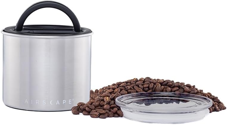 AirScape Planetary Design Stainless Steel Coffee Canister | Food Storage Container | US Patented Airtight Lid | Push Out Excess Air Preserve Food Freshness (Small, Brushed Steel)