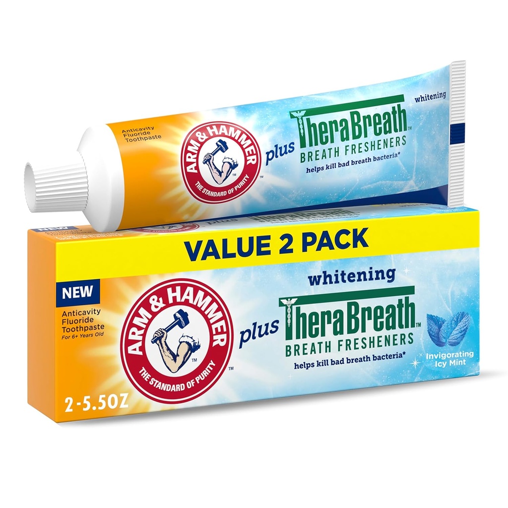 ARM & HAMMER Toothpaste Plus TheraBreath Breath Fresheners, ICY Mint Flavor, Teeth Whitening Toothpaste, Anticavity Fluoride for Bad Breath, 5.5 Oz (Pack of 2)