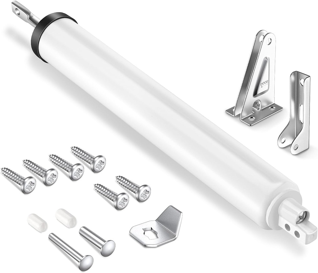 Storm Door Closer, Heavy Duty Pneumatic Screen Door Closer, Adjustable Closing Speed, Safety Closure with Hold Open Feature, Universal Window & Door Bracket Kit (White)