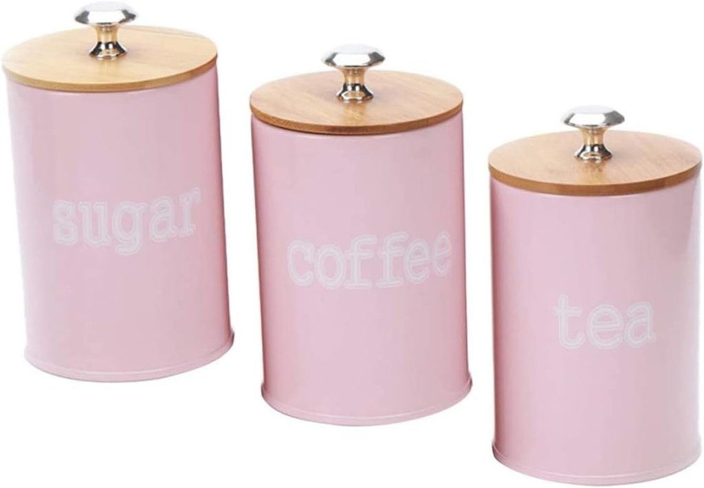 3Pcs Pink Food Storage Jar Set with Bamboo Lid Airtight Coffee Bean Canister Decorative Tea Container for Spices Sugar Cookies