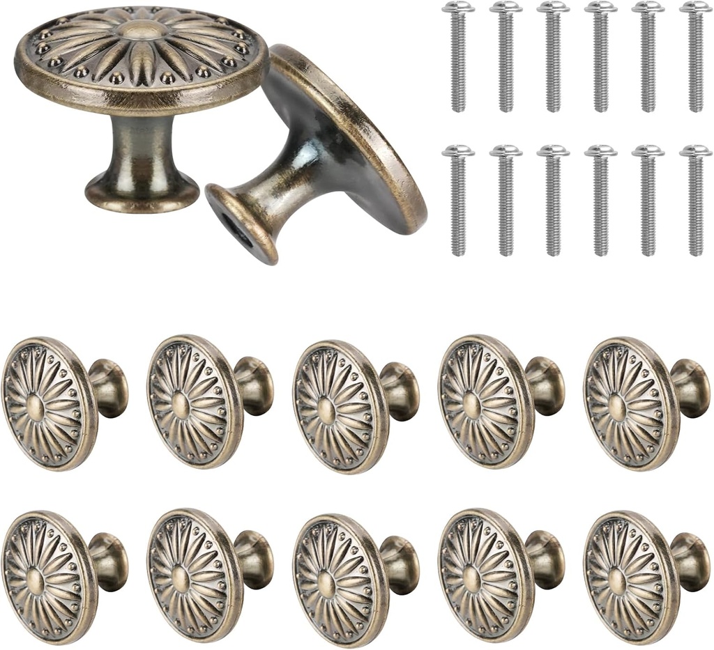 12PCS Antique Cabinet Knobs with Screws, Vintage Flower Pattern Round Kitchen Cupboard Handles 1.18'' Drawer Knobs Retro Bronze Cabinet Pull Handles for Wardrobe Door