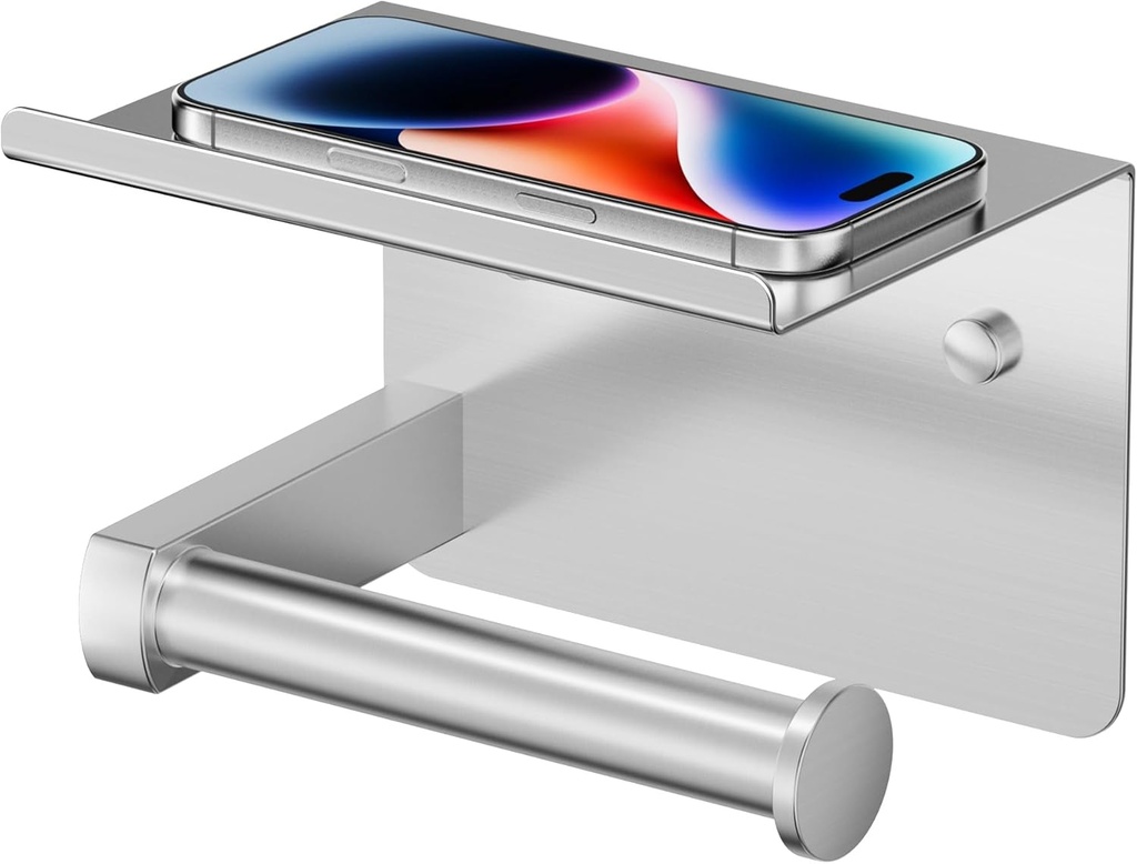 FORIOUS Toilet Paper Holder with Shelf, Adhesive or Screw Wall Mount Toilet Roll Holder for Bathroom, Rustproof 304 Stainless Steel Commercial Toilet Tissue Holder with Storage, Brushed Nickel