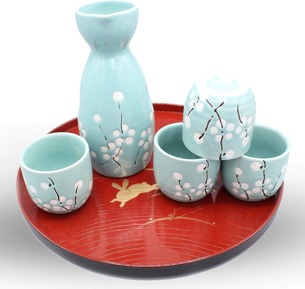 Japanese Ceramic Sake Set ~ 5 Piece Sake Set (Included 1 TOKKURI bottle and 4 OCHOKO cups) with White Plum-Flower Patterns Sake Wine Service Set