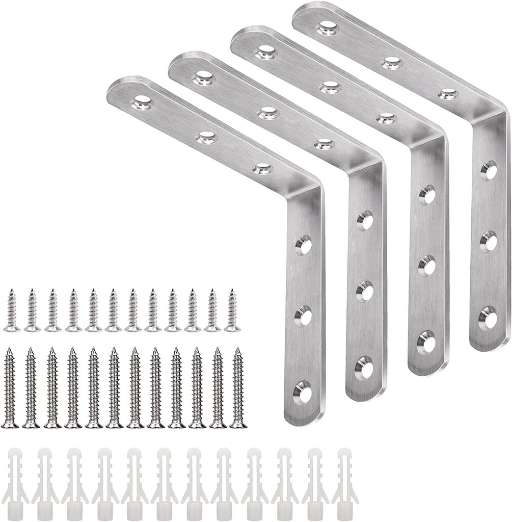 YUMORE L Bracket, 4x4 Inch Max Load: 25lb/12kg Heavy Duty Stainless Steel Solid Shelf Support Corner Brace Joint Right Angle Bracket, Pack of 4