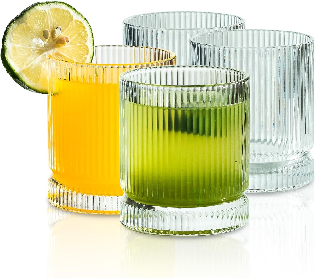 Ribbed Glass Cups Set, 13oz Vintage Drinking Glassware Set, 4 Piece Premium Glassware, Elegant Mixed Glassware Set, Origami Style Cocktail Glasses, Great for Cocktail, Whisky & Beverages (4PCS)